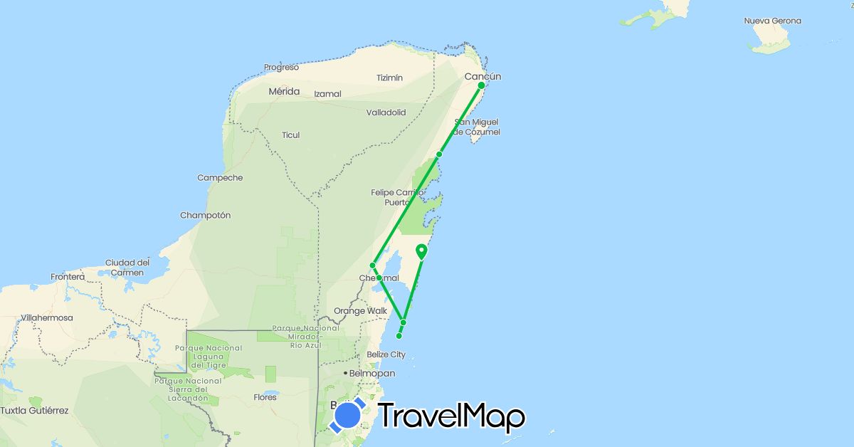 TravelMap itinerary: driving, bus in Belize, Mexico (North America)
